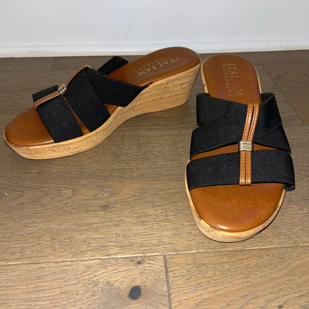 Italian Shoemakers Black and Tan Wedge Sandals - Picture 1 of 3